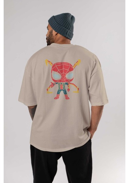 Spiderman (17) Arka Baskılı Bej Oversize T-Shirt Bisiklet Yaka Pamuk Erkek Kadın fırsatları