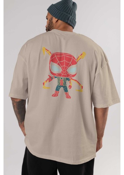 Spiderman (17) Arka Baskılı Bej Oversize T-Shirt Bisiklet Yaka Pamuk Erkek Kadın indirimleri