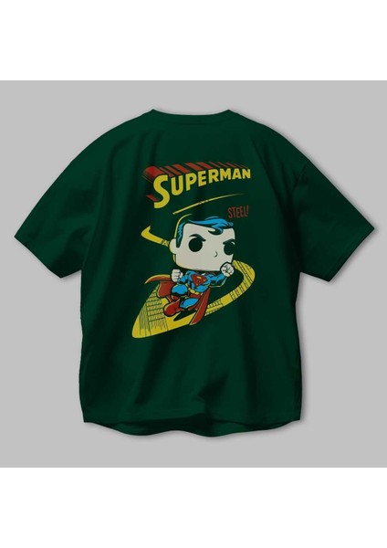 Superman (2) Arka Baskılı Zümrüt Yeşili Oversize T-Shirt Bisiklet Yaka Erkek Kadın modelleri