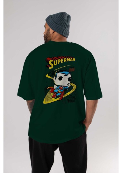 Superman (2) Arka Baskılı Zümrüt Yeşili Oversize T-Shirt Bisiklet Yaka Erkek Kadın indirimleri