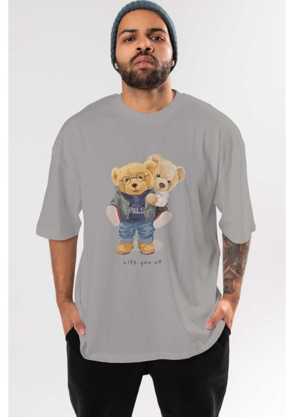 Teddy Bear Lift You Up Ön Baskılı Gri Oversize T-Shirt Unisex Erkek Kadın Bisiklet Yaka