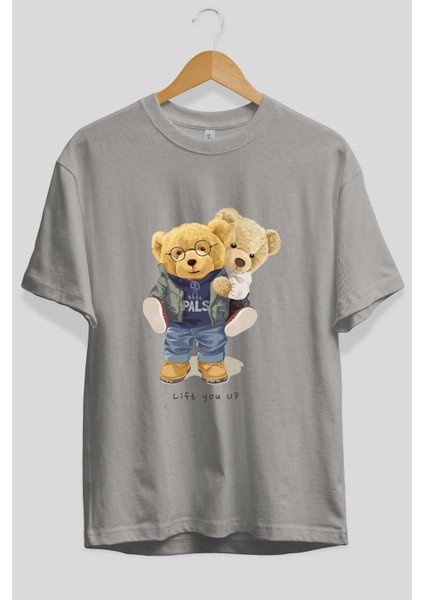 Teddy Bear Lift You Up Ön Baskılı Gri Oversize T-Shirt Unisex Erkek Kadın Bisiklet Yaka fiyatları