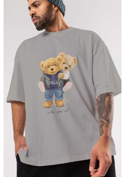Teddy Bear Lift You Up Ön Baskılı Gri Oversize T-Shirt Unisex Erkek Kadın Bisiklet Yaka modelleri