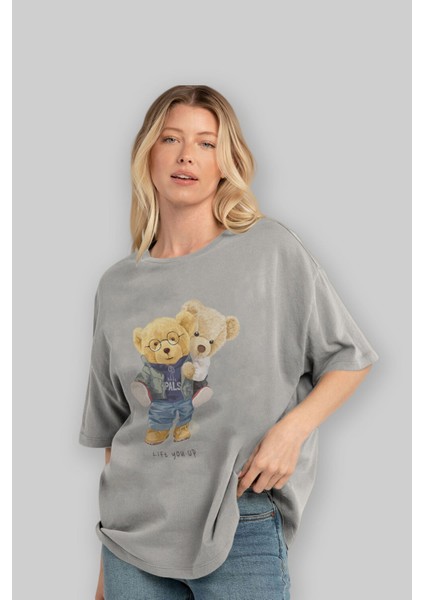 Teddy Bear Lift You Up Ön Baskılı Gri Oversize T-Shirt Unisex Erkek Kadın Bisiklet Yaka fırsatları