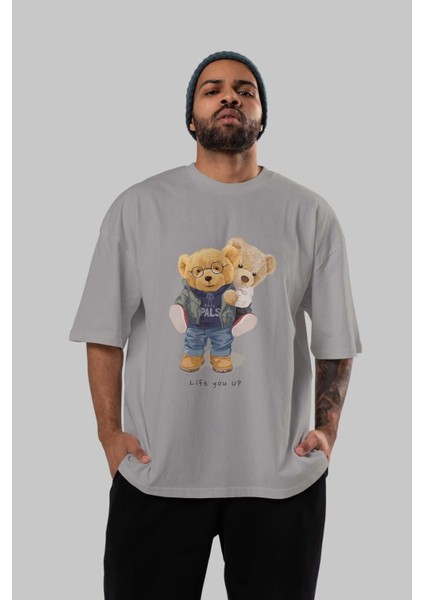 Teddy Bear Lift You Up Ön Baskılı Gri Oversize T-Shirt Unisex Erkek Kadın Bisiklet Yaka indirimleri