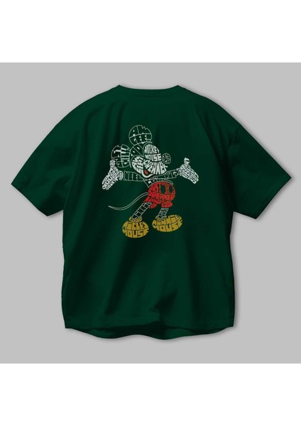 Mickey Arka Baskılı Zümrüt Yeşili Oversize T-Shirt Unisex Erkek Kadın Bisiklet Yaka modelleri
