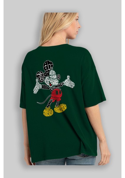 Mickey Arka Baskılı Zümrüt Yeşili Oversize T-Shirt Unisex Erkek Kadın Bisiklet Yaka fırsatları