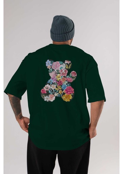 Flowers Bear Arka Baskılı Zümrüt Yeşili Oversize T-Shirt Unisex Erkek Kadın Bisiklet Yaka
