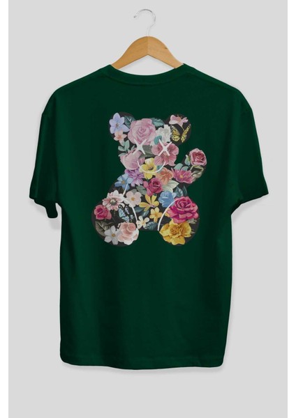 Flowers Bear Arka Baskılı Zümrüt Yeşili Oversize T-Shirt Unisex Erkek Kadın Bisiklet Yaka fiyatları