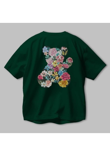 Flowers Bear Arka Baskılı Zümrüt Yeşili Oversize T-Shirt Unisex Erkek Kadın Bisiklet Yaka modelleri