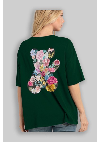 Flowers Bear Arka Baskılı Zümrüt Yeşili Oversize T-Shirt Unisex Erkek Kadın Bisiklet Yaka fırsatları