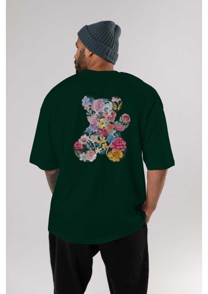 Flowers Bear Arka Baskılı Zümrüt Yeşili Oversize T-Shirt Unisex Erkek Kadın Bisiklet Yaka indirimleri