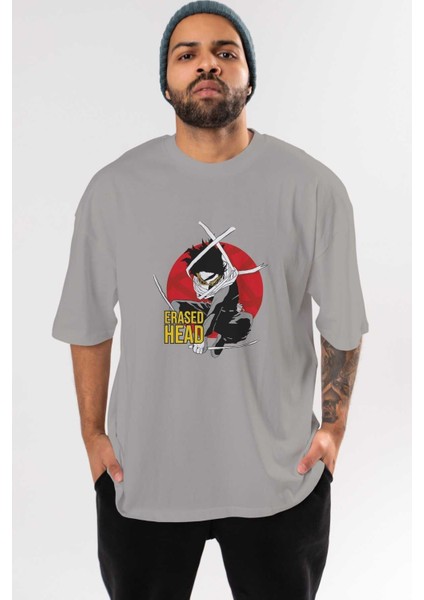 Erased Head Anime Ön Baskılı Gri Oversize T-Shirt %100 Pamuk Erkek Kadın