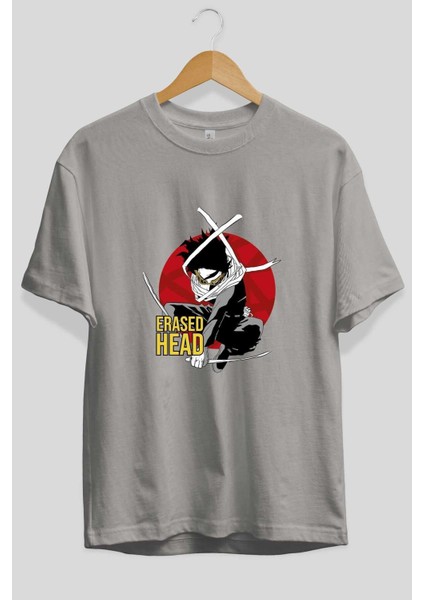 Erased Head Anime Ön Baskılı Gri Oversize T-Shirt %100 Pamuk Erkek Kadın fiyatları