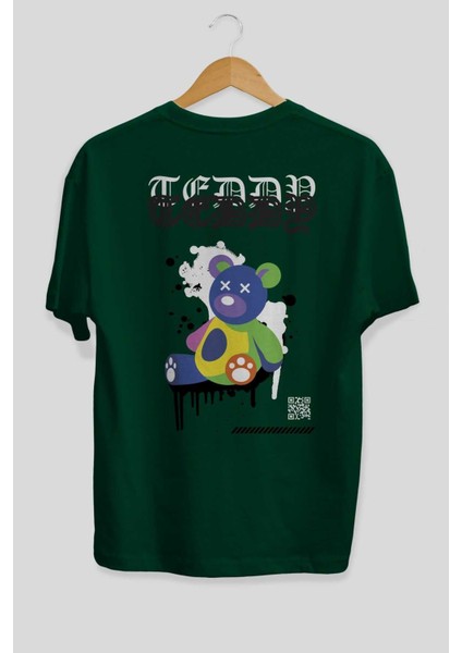Teddy Bear Arka Baskılı Zümrüt Yeşili Oversize T-Shirt Erkek Kadın Bisiklet Yaka fiyatları