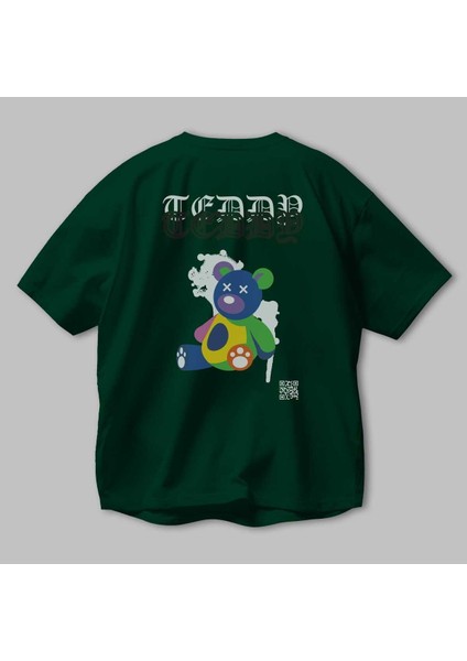 Teddy Bear Arka Baskılı Zümrüt Yeşili Oversize T-Shirt Erkek Kadın Bisiklet Yaka modelleri