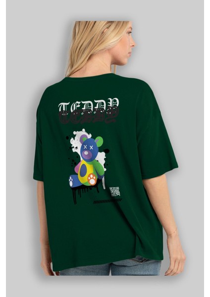 Teddy Bear Arka Baskılı Zümrüt Yeşili Oversize T-Shirt Erkek Kadın Bisiklet Yaka fırsatları