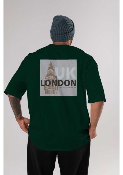 London 2 Arka Baskılı Zümrüt Yeşili Oversize T-Shirt Unisex Erkek Kadın Bisiklet Yaka