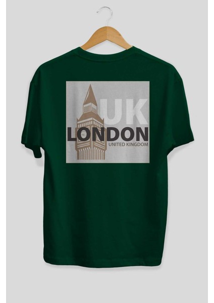 London 2 Arka Baskılı Zümrüt Yeşili Oversize T-Shirt Unisex Erkek Kadın Bisiklet Yaka fiyatları