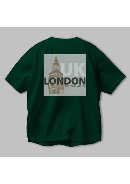 London 2 Arka Baskılı Zümrüt Yeşili Oversize T-Shirt Unisex Erkek Kadın Bisiklet Yaka modelleri