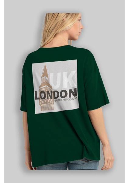 London 2 Arka Baskılı Zümrüt Yeşili Oversize T-Shirt Unisex Erkek Kadın Bisiklet Yaka fırsatları