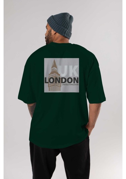 London 2 Arka Baskılı Zümrüt Yeşili Oversize T-Shirt Unisex Erkek Kadın Bisiklet Yaka indirimleri