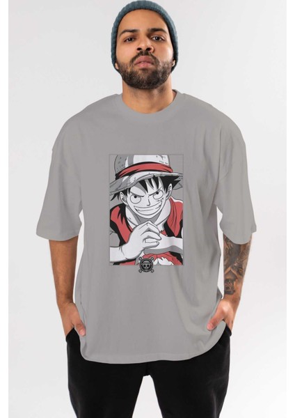 Luff D. Monkey Onepiece Anime Ön Baskılı Gri Oversize T-Shirt %100 Pamuk Erkek Kadın