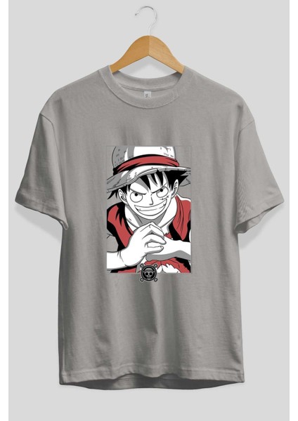 Luff D. Monkey Onepiece Anime Ön Baskılı Gri Oversize T-Shirt %100 Pamuk Erkek Kadın fiyatları