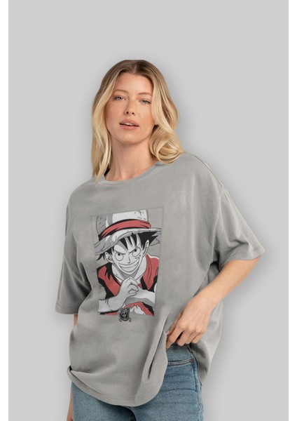 Luff D. Monkey Onepiece Anime Ön Baskılı Gri Oversize T-Shirt %100 Pamuk Erkek Kadın fırsatları