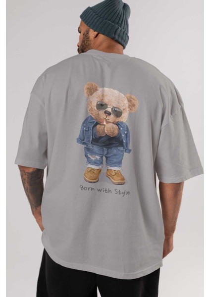 Teddy Bear Born With Style Arka Baskılı Gri Oversize T-Shirt Unisex Erkek Kadın Bisiklet Yaka indirimleri