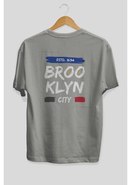Brooklyn City Yazılı 2 Arka Baskılı Gri Oversize T-Shirt Unisex Erkek Kadın Bisiklet Yaka fiyatları