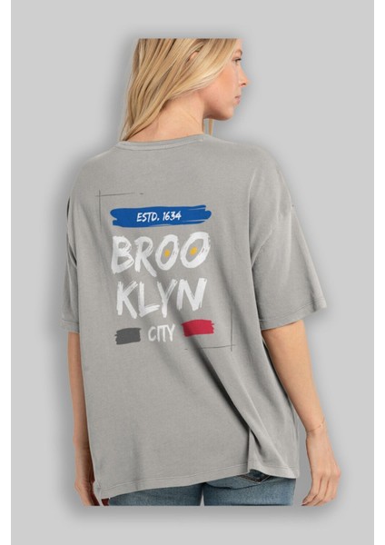 Brooklyn City Yazılı 2 Arka Baskılı Gri Oversize T-Shirt Unisex Erkek Kadın Bisiklet Yaka modelleri
