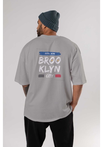 Brooklyn City Yazılı 2 Arka Baskılı Gri Oversize T-Shirt Unisex Erkek Kadın Bisiklet Yaka fırsatları