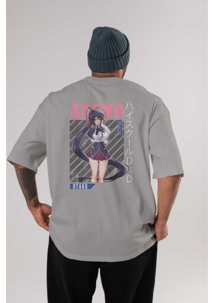 Akeno Himejima 4 Anime Arka Baskılı Gri Oversize T-Shirt %100 Pamuk Erkek Kadın