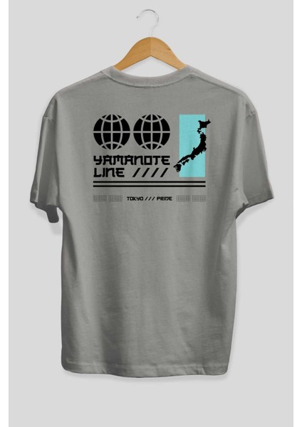 Yamanote Line Arka Baskılı Gri Oversize T-Shirt Unisex Erkek Kadın Bisiklet Yaka fiyatları