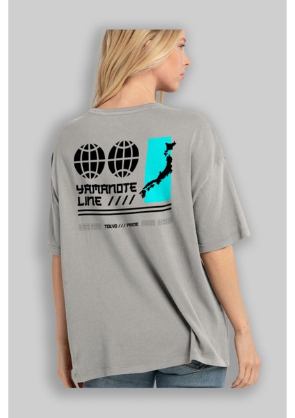 Yamanote Line Arka Baskılı Gri Oversize T-Shirt Unisex Erkek Kadın Bisiklet Yaka modelleri