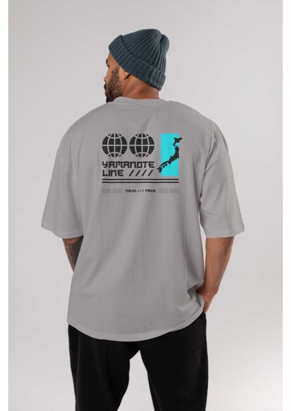Yamanote Line Arka Baskılı Gri Oversize T-Shirt Unisex Erkek Kadın Bisiklet Yaka fırsatları