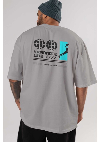 Yamanote Line Arka Baskılı Gri Oversize T-Shirt Unisex Erkek Kadın Bisiklet Yaka indirimleri