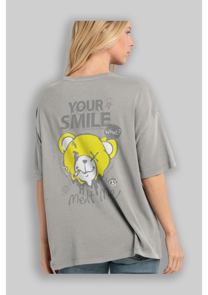 Your Smile Bear Arka Baskılı Gri Oversize T-Shirt Unisex Erkek Kadın Bisiklet Yaka modelleri