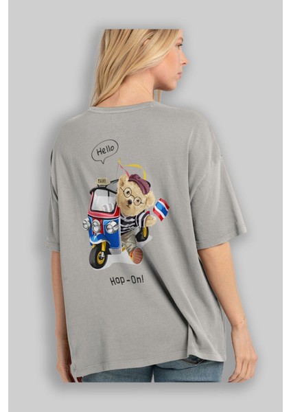 Teddy Bear Hop-On Arka Baskılı Gri Oversize T-Shirt Unisex Erkek Kadın Bisiklet Yaka modelleri