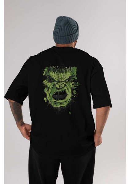 Hulk (4) Arka Baskılı Siyah Oversize T-Shirt Bisiklet Yaka Pamuk Erkek Kadın