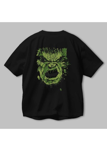 Hulk (4) Arka Baskılı Siyah Oversize T-Shirt Bisiklet Yaka Pamuk Erkek Kadın modelleri