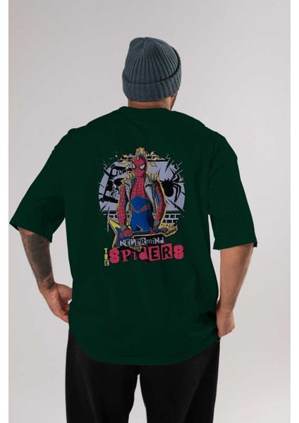 Spiderman Rock Arka Baskılı Zümrüt Yeşili Oversize T-Shirt Bisiklet Yaka Erkek Kadın