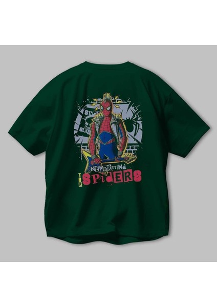 Spiderman Rock Arka Baskılı Zümrüt Yeşili Oversize T-Shirt Bisiklet Yaka Erkek Kadın