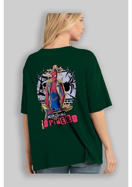 Spiderman Rock Arka Baskılı Zümrüt Yeşili Oversize T-Shirt Bisiklet Yaka Erkek Kadın