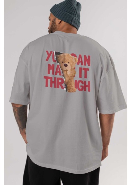 Teddy Bear You Can Make It Arka Baskılı Gri Oversize T-Shirt Unisex Erkek Kadın Bisiklet Yaka indirimleri