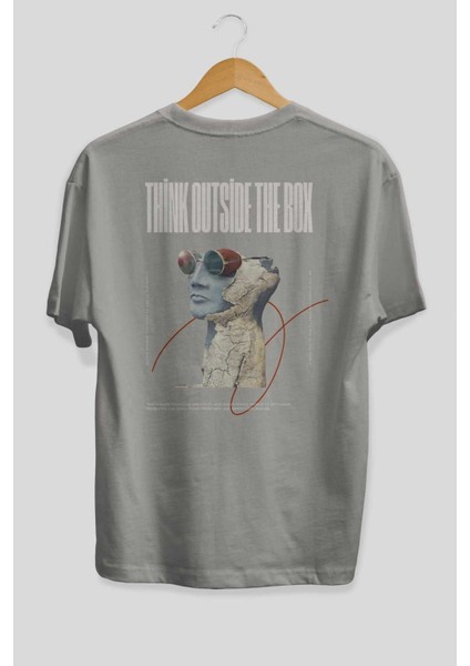 Think Outside The Box Arka Baskılı Gri Oversize T-Shirt Unisex Erkek Kadın Bisiklet Yaka fiyatları