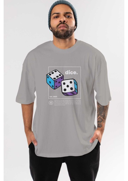Dice Yazılı Ön Baskılı Gri Oversize T-Shirt Unisex Erkek Kadın Bisiklet Yaka