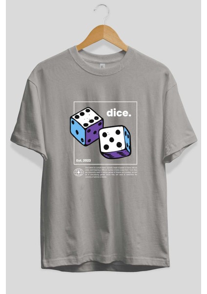 Dice Yazılı Ön Baskılı Gri Oversize T-Shirt Unisex Erkek Kadın Bisiklet Yaka fiyatları