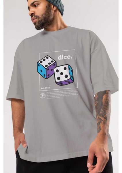 Dice Yazılı Ön Baskılı Gri Oversize T-Shirt Unisex Erkek Kadın Bisiklet Yaka modelleri
